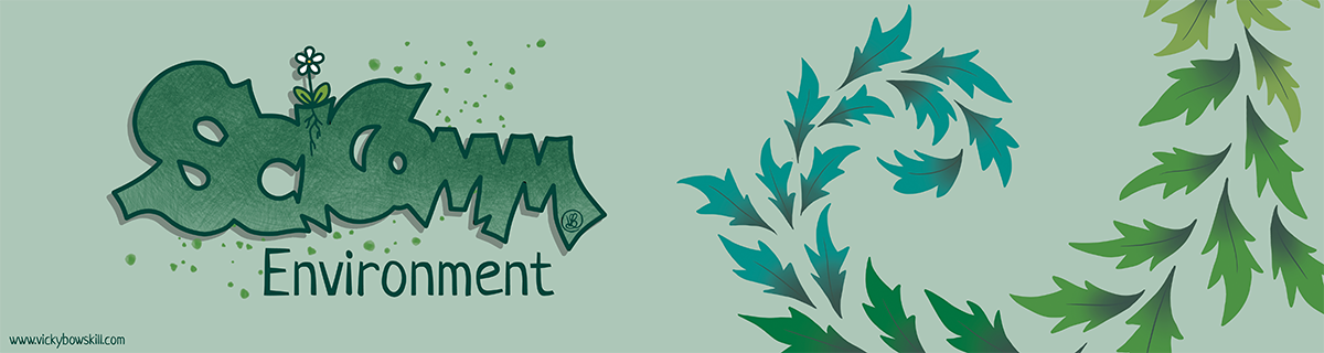 An illustrated banner reading 'SciComm Environment'. By Vicky Bowskill.