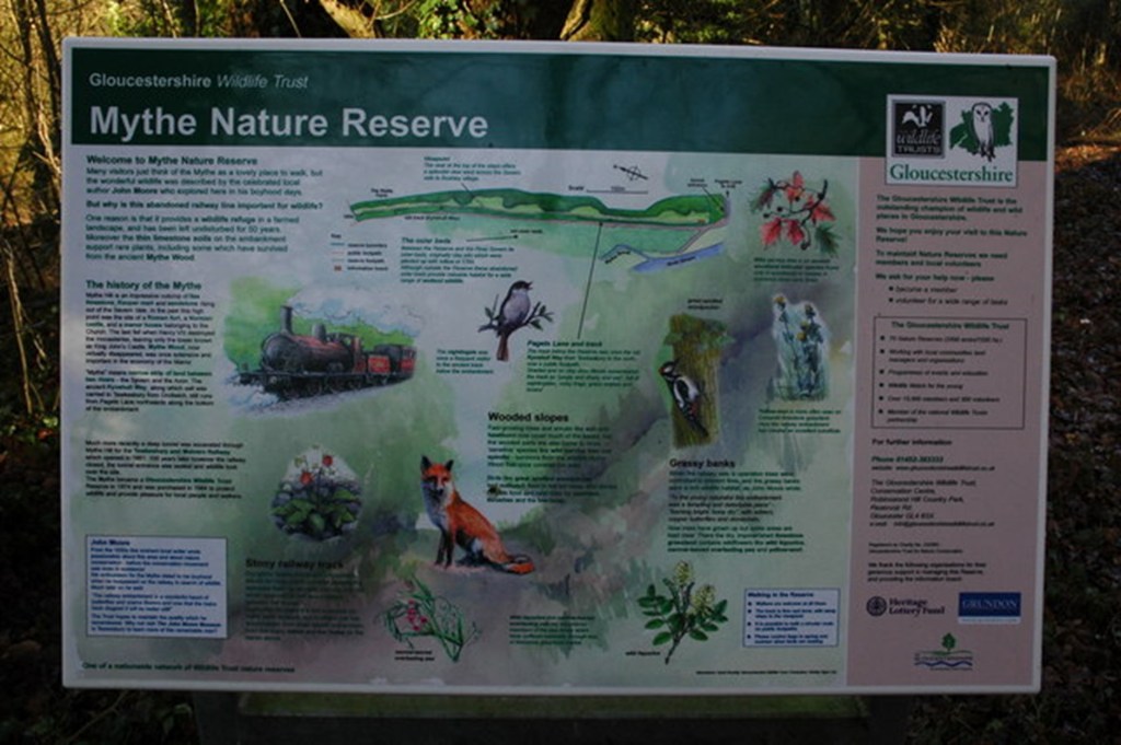 A photograph of an outdoor illustrated map board at Mythe Nature Reserve.