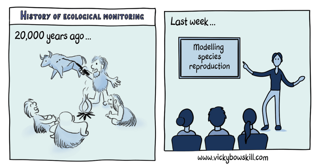 Two panel cartoon by Vicky Bowskill