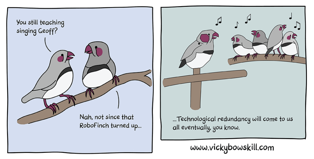 Two panel cartoon by Vicky Bowskill