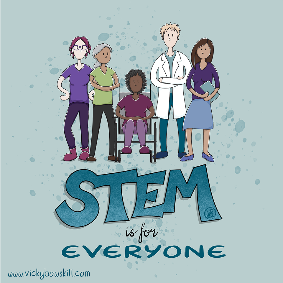 Cartoon of five diverse people in STEM showing a range of gender identity, race, age and ability.