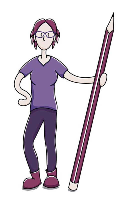 Cartoon of Vicky Bowskill posing with a giant pencil and hand on hip
