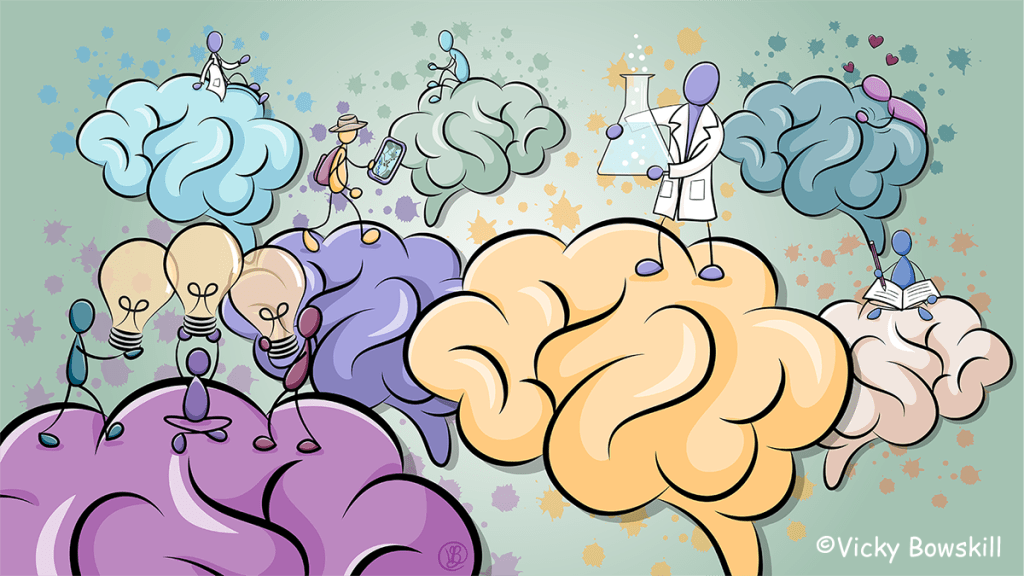 Cartoon of colourful, sparkly brains with stick-person scientists, standing on, sitting on or hugging the brains.